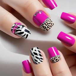 on the left hand medium size, 90's type of square french magenta nails with white leopard and zebra print. On the right hand the same design but oval shape and short. Possibly also rhinestones on the ring finger.