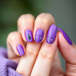 Medium almond shaped nails with purple cat eye nail polish. Each finger has a little design of the purple Pokemon Ditto.