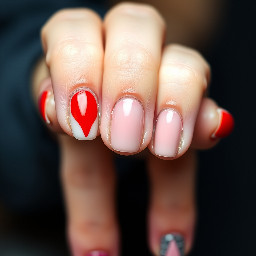 Red pointer finer nail, pinky nail and thumb nail. Light pink middle finger nail and ring finger nail. Red sideways tip on middle finger nail and finger finger nail
