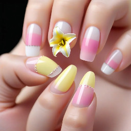 white french tips on index and middle finger a pink lilly and a light yellow lilly on the ring and thumb and one the pinky finder either light pink or light yellow