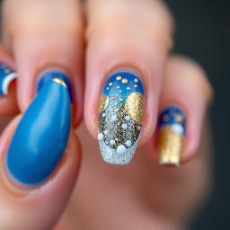 Short almond nails with the colors blue, gold, and white. French tip design, glitter on one of the fingers, constellations, stars, and moons.