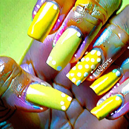 Pinky nail pastel yellow French tip ring finger pastel yellow French tip with white bow middle finger pastel yellow with white polka dots pointer finger pastel yellow French and similar for thumb show full hand