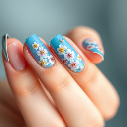 Cute blue blooming gel nails with blooming gel flowers