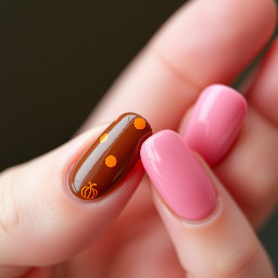 nails with a brown thumb, third finger, and pinky, second finger and fourth finger are pink. brown nails have orange polka dots and pink ones have a little orange pumpkin in the corner