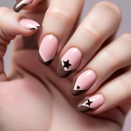 Long almond nails  Thumb finger light pink base with espresso brown tip & tiny light pink polka dots in the brown french tip  Index finger light pink base with modified espresso brown french tip, instead of a full tip it's 2 brown stripes with space at the top of the nail   Middle finger is light pink base with espresso brown solid 4 point star centered in the nail   Ring finger is light pink base with espresso brown french tip, a baby pink solid 4 point star on the edge of the tip with a small pearl next to it   Pinky finger light pink base with 3 thin verticle espresso brown stripes