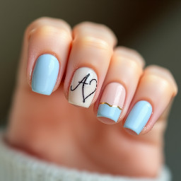 • Pinky finger: Solid glossy pastel light blue nail polish. • Ring finger: A semi-sheer milky nude base featuring a delicate, elegant cursive capital letter 'A' smoothly integrated into a hand-drawn white heart outline silhouette. • Middle finger: A classic French manicure featuring a clean, crisp pastel light blue tip over a milky nude base. • Index finger: Solid glossy pastel light blue nail polish. • Thumb: A milky nude base accented with a pastel light blue abstract corner tip.
