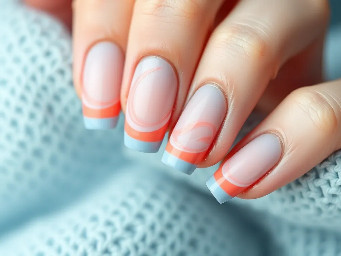 Coral, pastel blue/ colors, french tips, waves