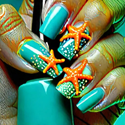 design me nails with orange and teal with star fish french tips and just beachy with some solid color nails