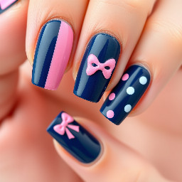 Mix and match design with navy blue and pink colours, with bows and polka dots