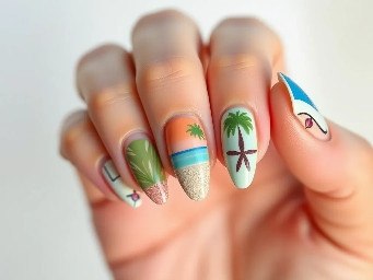 beachy nails simple but different designs for each nail, almond, med length