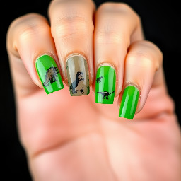 Thumb and pinky is green french tip Index and ring finger has dinosaurs on Middle finger is completely green