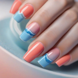Coral, pastel blue/ colors, french tips, waves