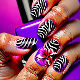 Purple tips with zebra print and a hibiscus flower
