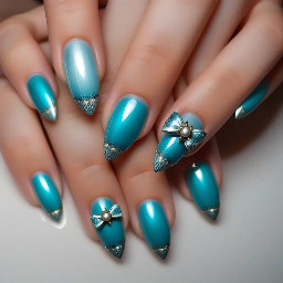 LEFT HAND: left pinky: fully torquoise catseye, left ring finger: gradient french tip in torquoise catseye with a metallic bow in the middle, left middle finger: fully torquoise catseye with a metallic heart in the middle, left Pointer finger: french tip in torquoise catseye with a metallic bethleham star int he centre of the nail, left thumb: Slanted to the left gradient french tip in torquoise catseye with metallic pearls following the end of the gradient. RIGHT HAND: right thumb: slanted to the right gradient french tip in torquoise catseye, right pointer finger: torquoise catseye french tip with metallic pearls following the inside line of the smooth end of the french tip, right middle finger: fully torquoise catseye with a metallic heart in the middle, right ring finger: french ti[ in torquoise catseye with a metallic 4 sided star in the centre of the nail, right pinky: fully torquoise catseye with a metallic bow in the middle.