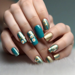Thumb: Plain, solid no. design teal shimmer Pointer Finger: A soft, licoral base completely covered in tiny gold and teal hearts.Middle Finger: A lighter shimmery teal base decorated strictly with clean white daisies—no leaves or greenery.Ring Finger: A solid, full coat of smooth, metallic soft gold.Pinky Finger: A soft, coral base detailed with crisp vertical stripes and a couple of tiny scattered hearts.