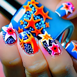 Summer nails: blooming. Flower. Seastar blue/orange/pink
