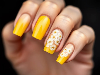nude nail, yellow French tips, white flower design