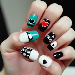 Left hand - thumb: uk flag  -pointer: black nail w white circle and black number 8 in it -middle: red and blue thick strips -ring: a medium teal nail with bold black letters spelling SWAG - a white nail with ":3" in black polish  Right hand -thumb: a yin yang french tip -pointer:a black nail w white words saying girls my swag and a red heart in between girls and my -middle: a fully line green nail with a mincraft creeper face -ring: red nail with white words saying MUSIC -pinky: white nail w black mustache  Shape: OVAL or square