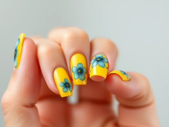 easy yellow nails with blue flowers on short nails. no french tip or nude base coat. easy flowers like dots