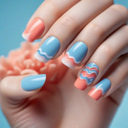 Coral color, pastel blue/ colors, french tips, waves