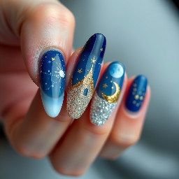 Short almond nails with the colors blue, gold, and white. French tip design, glitter on one of the fingers, constellations, stars, and moons.