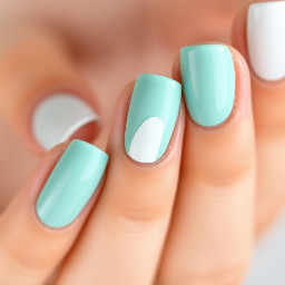 light teal nails with a white 1 on the ring finger nail