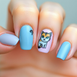 Oval nail set, ring finger nail should be meowths koban, the other nails should be a similar vibe but plain.