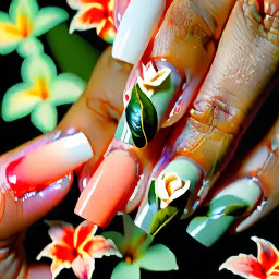 Peach/coral ombré into white nail art with gardenia flowers and muted sage leaves