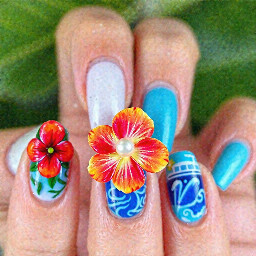 medium-long almond nails, 1-2 nails have a bright colored 3d hibiscus flower with pearl in the middle, other nails are ocean/cruise themed, all bright colors and all different designs