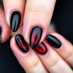Black chrome tip with blood red cat eye nails