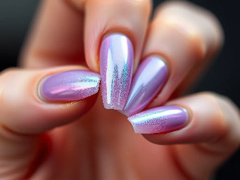 Short Stiletto nails, Baige builder gel, lilac aurora effekt, Silver line work that looks alternative/rock/metal