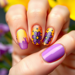 Easter nail art, purple and yellow