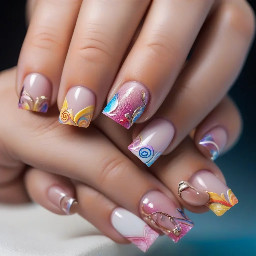 long square nails- ring finger must have OM sign, for the rest of the fingers you can freestyle. make them french tips, must follow shivadelic vibe