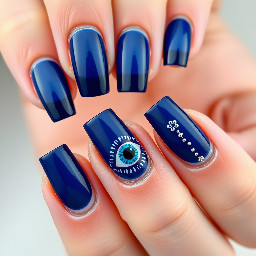 I want navy blue color french tip on all . Evil eye theme at least one of them has it. Add flowers of gel. Add details with silver lines or dots