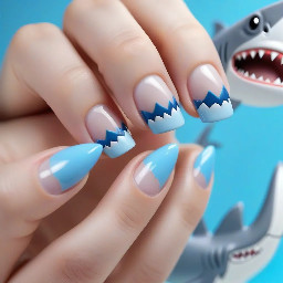 Short round nails with light blue french tips and shimmery nails. The ring finger is a cute, cartoon shark which its teeth as the bottom of the same light blue french as the other nails.