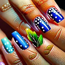 ombré nails with 2 fingers with upolka dots and 1 finger with simple leaves.