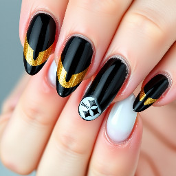Create a set of medium length almond shaped nails that have black and gold tips on all of the fingers except the ring. Then have the ring finger all white with the 3 Steelers diamonds on it.