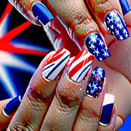 Red white and blue nails with fireworks on half of the middle and ring finger