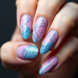 Make a pink/nude almond nail with random not straight lines in an electric sparkly blue that appear on it in squiggly lines