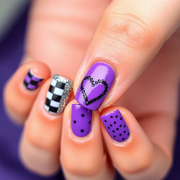 One nail with checkerboard, one nail with glitter around the outside, one nail with a sacred heart in the middle, one nail with stars and one nail small polka dots all with cateye in a purple and black theme