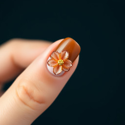 brown nails french tip polka dot poly gel 3d flower on one finger, gold beads