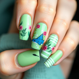 Matcha and whale shark nails with flowers and stripes summery feel