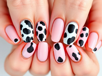 On the ring finger on both hands make it white with black cowprint and also do the same on the thumbs of both hands and on the rest make it a light pink cat eye and make all nails a medium length almond shape