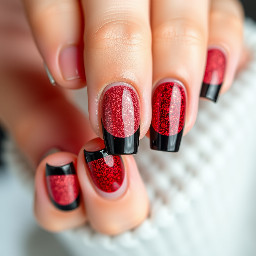 Black chrome French tip nails with sparkly red gel polish on base