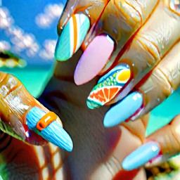 almond summer style for vacation with beachy elements and sea animals consistung of french tips and pastel yellow, pastel orange, pastel pink, and pastel blue