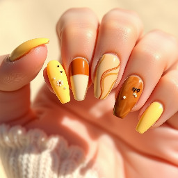 Pinterest-style nail inspiration collage, 10 almond-shaped nails displayed clearly, clean girl summer aesthetic, luxury manicure photography. Main colors are butter yellow and caramel brown with creamy nude accents. Each nail has a unique chic design. Left hand: Thumb: milky nude base, caramel brown French tip, tiny black heart. Index: butter yellow base with delicate white daisy and brown center. Middle: nude base with caramel and butter-yellow swirls and a thin black accent line. Ring: milky nude base with tortoise-shell brown tip and subtle gold outline. Pinky: butter yellow micro-French tip with tiny brown bow and pearl accent. Right hand: Thumb: nude base with thin butter-yellow outline French tip. Index: caramel brown glazed nail with tiny gold dot. Middle: abstract brown and yellow swirl design on nude base. Ring: minimalist black bow on milky nude base. Pinky: butter-yellow nail with tiny white flower details. Ultra-realistic manicure, glossy finish, luxury salon quality, soft summer sunlight, neutral beige background, clean girl aesthetic, old-money chic, feminine, trendy, editorial beauty photography, Pinterest mood board, high detail, 4K.