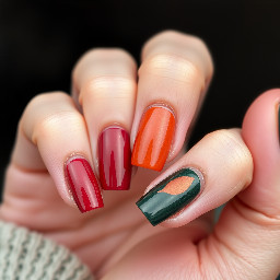 a very simple fall nail art design with the colours dark red, a normal red, dusty orange and dark-ish green