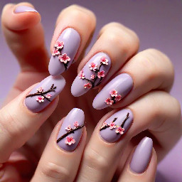 Ultra-realistic close-up macro photograph of two hands with long stiletto-shaped acrylic nails, clasped together showing all ten fingers. Nails are painted in a soft lavender-purple matte polish with a glossy finish. Each nail features hand-sculpted 3D pink sakura cherry blossom flowers made of acrylic gel, with five-petaled blossoms in soft pink gradient shading (light pink center to deeper pink edges), tiny yellow-dotted stamens at the flower centers, and delicate hand-painted green leaves alongside thin dark brown tree-branch line art with small red berry accents on some nails. The 3D flowers have realistic dimensional texture and subtle shadow depth, appearing raised off the nail surface. Hands rest on a dark woven wicker/rattan textured surface. Fingers are adorned with delicate gold rings and one blue gemstone ring, with a woven friendship bracelet visible on one wrist. Soft, warm, natural studio lighting highlights the glossy nail polish sheen and the matte-to-gloss contrast between the base color and the floral appliqués. Skin has realistic natural texture, pores, and subtle color variation. Shot in high-resolution macro photography style, shallow depth of field with slight softness at the edges of the frame, professional nail art photography aesthetic.  Negative prompt guidance: no extra fingers, no warped hand anatomy, no flat/2D-looking flowers, no plastic shine, no blurry details on the floral design, no unrealistic proportions.