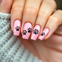 Short almond medium pink nails with dog paw prints