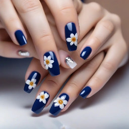 navy blue bit of crome and french tips with a simple flower for summer and acrilic